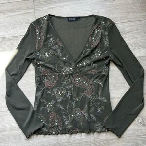 Y2K Promiss Babydoll Floral Sheer Green Blouse Sequin Embroidered S Fairy Grunge